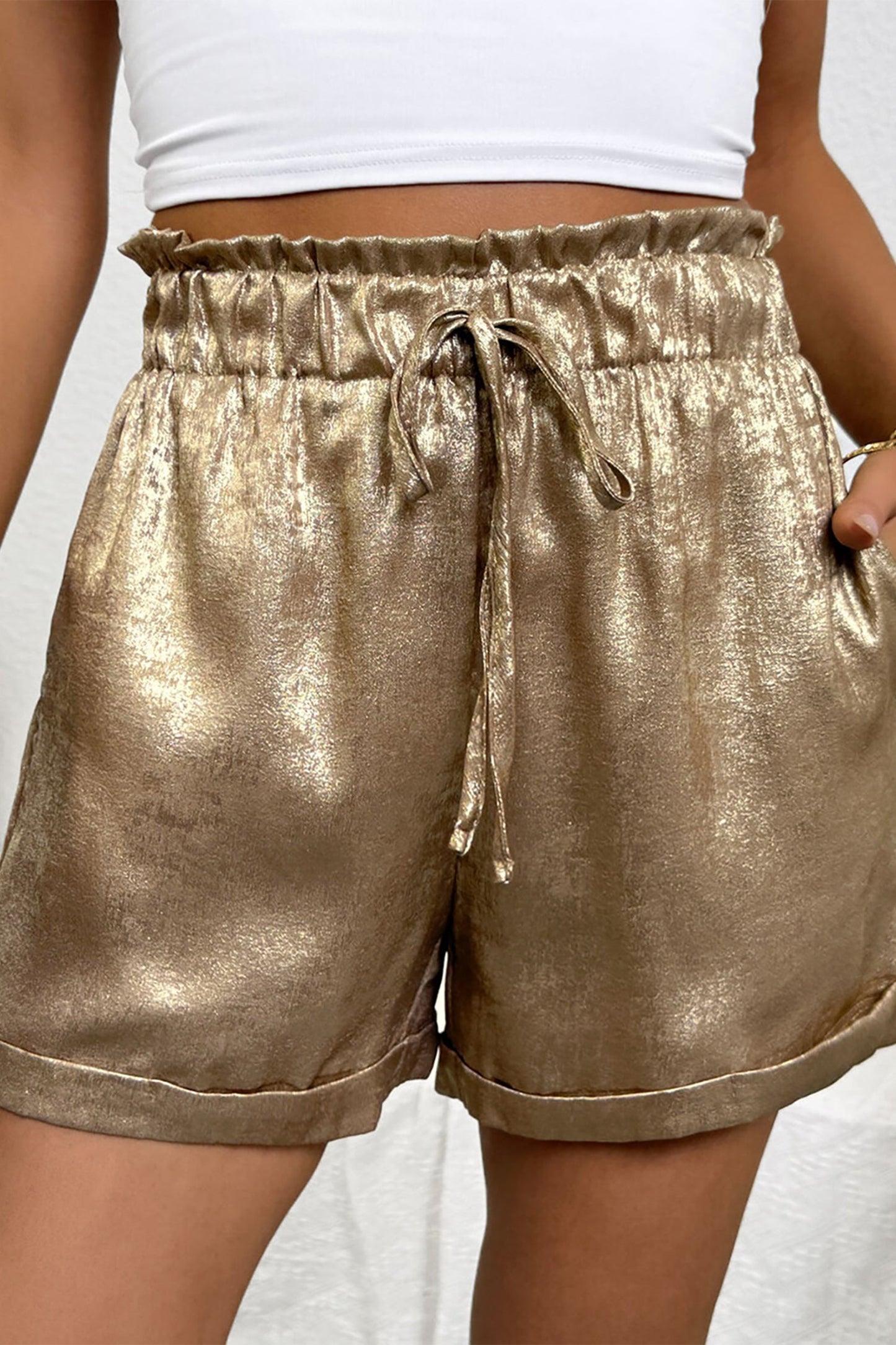 Metallic Tie Elastic Waist Cuffed Hem Shorts