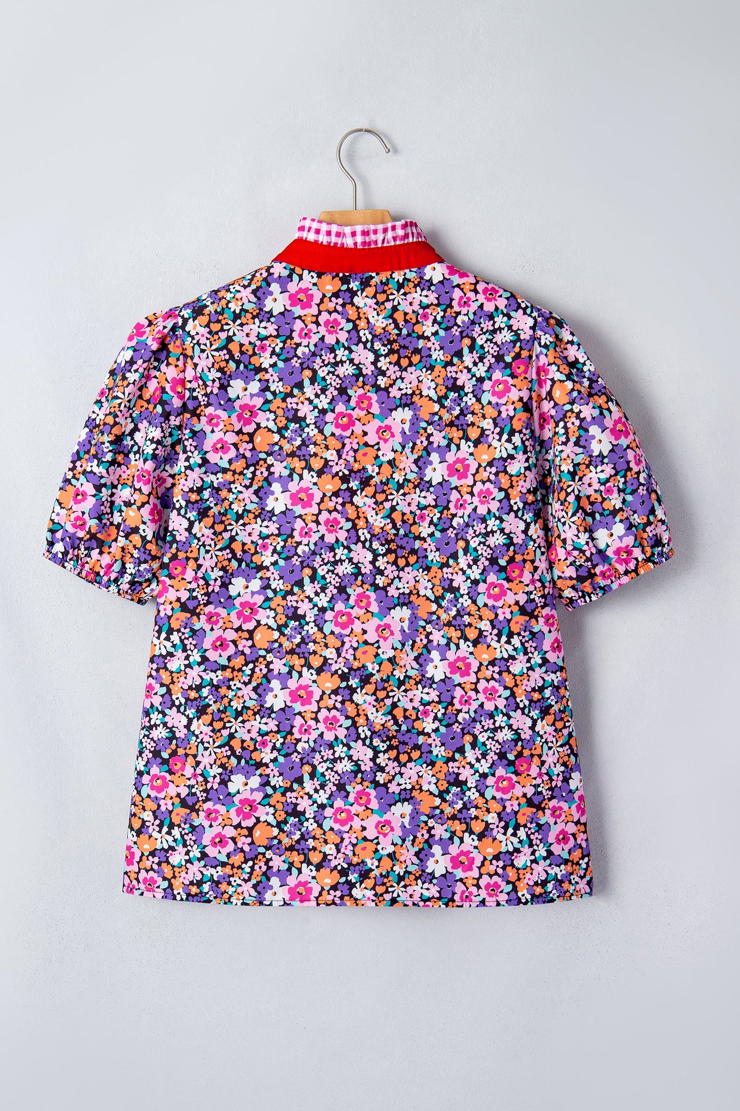 Floral Gingham Colorblock Trim V-Neck Blouse