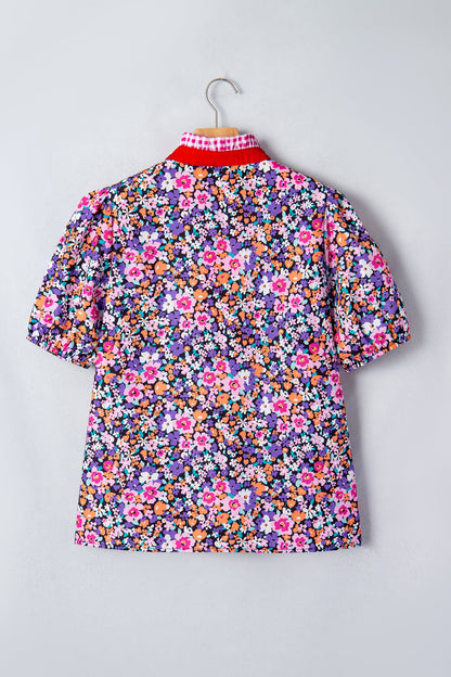 Floral Gingham Colorblock Trim V-Neck Blouse