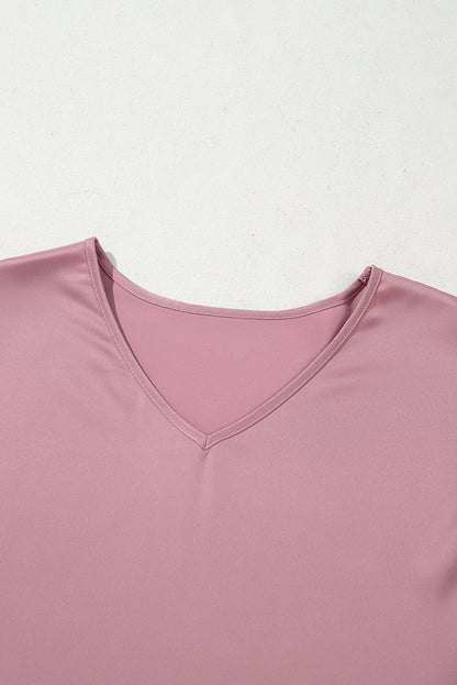 Solid Satin Ruffle Short Sleeve V-Neck Top