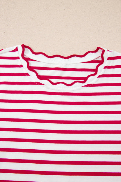 Stripe Scallop Trim Round Neck T-Shirt