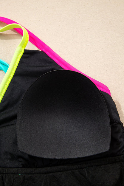 Floral Textured Neon Trim Crisscross Tankini Set