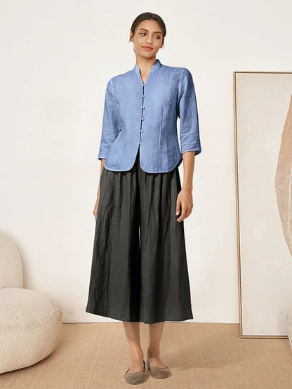 100% Linen Stand-Collar Half-Sleeve Fitted Jacket AMELIA