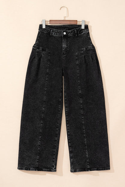 Mineral Wash Pleated Wide Leg Denim Pants