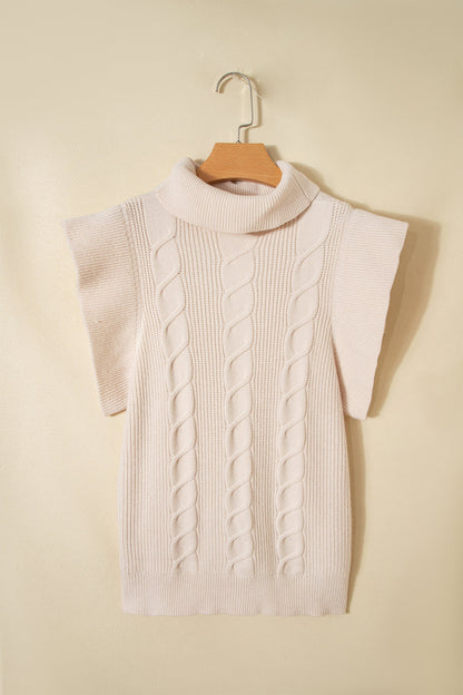 Cable Knit Turtleneck Ruffle Short Sleeve Sweater