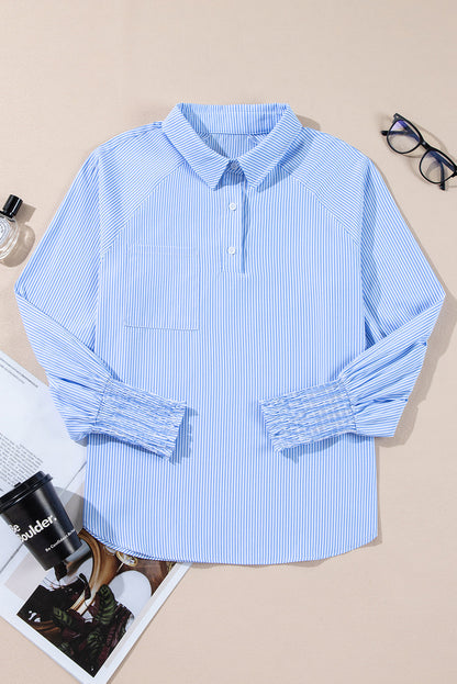 Stripe Buttoned Collar Smocked Long Sleeve Blouse