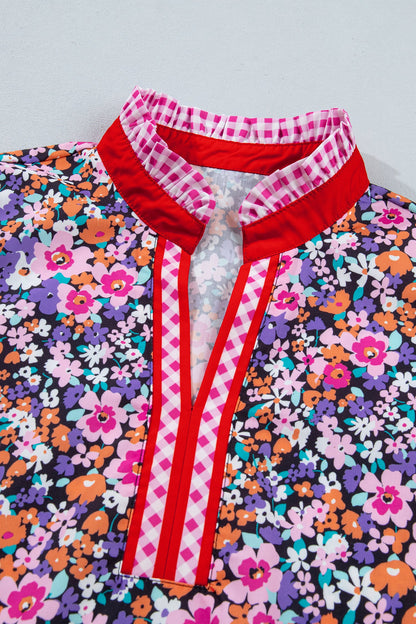 Floral Gingham Colorblock Trim V-Neck Blouse