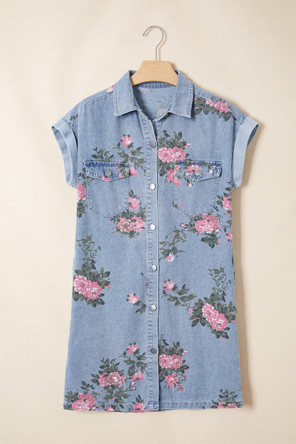 Floral Denim Cuffed Short Sleeve Buttoned Dress