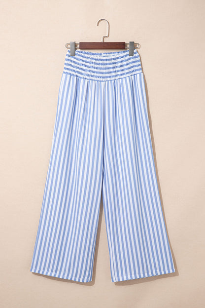 Stripe Shirred High Waist Wide Leg Pants