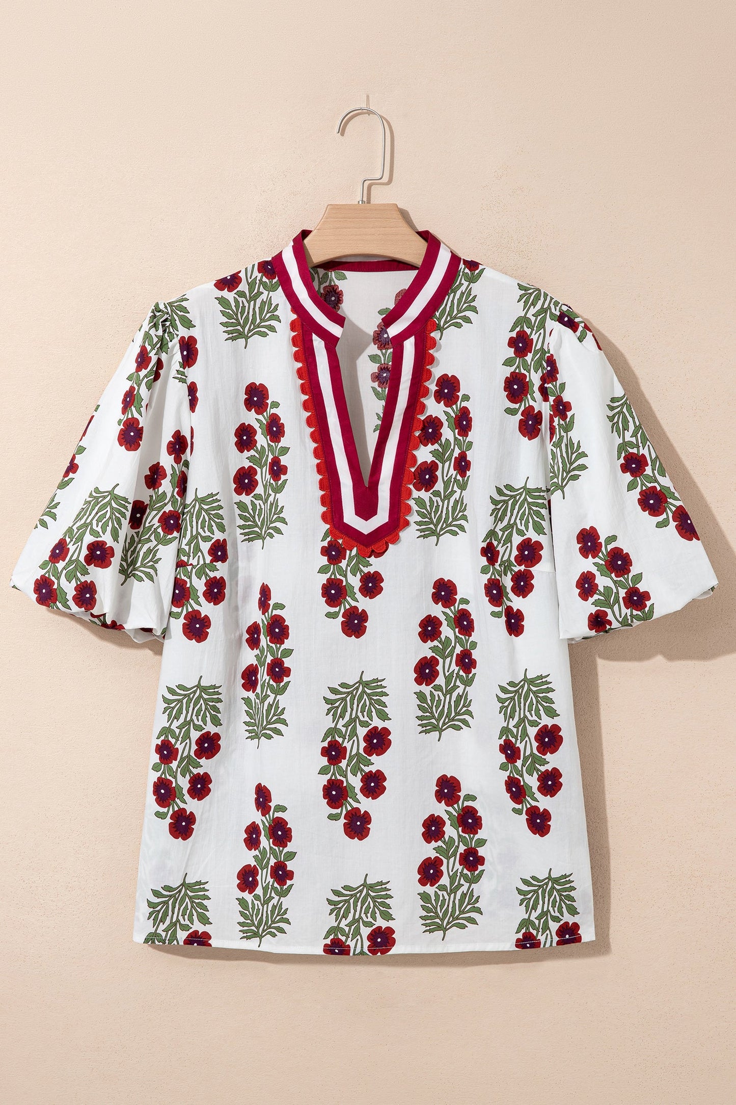 Plus Size Floral Ricrac Trim Short Sleeve Blouse