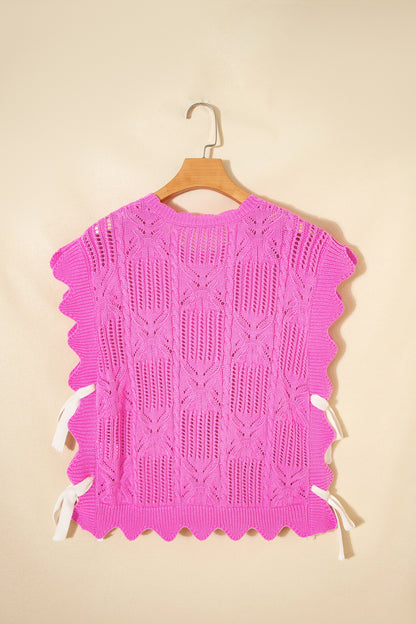 Pointelle Knit Scallop Trim Short Sleeve Sweater