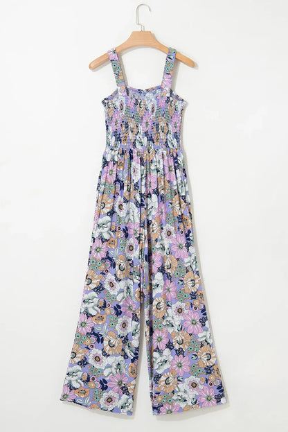 Floral Smocked High Waist Square Neck Jumpsuit