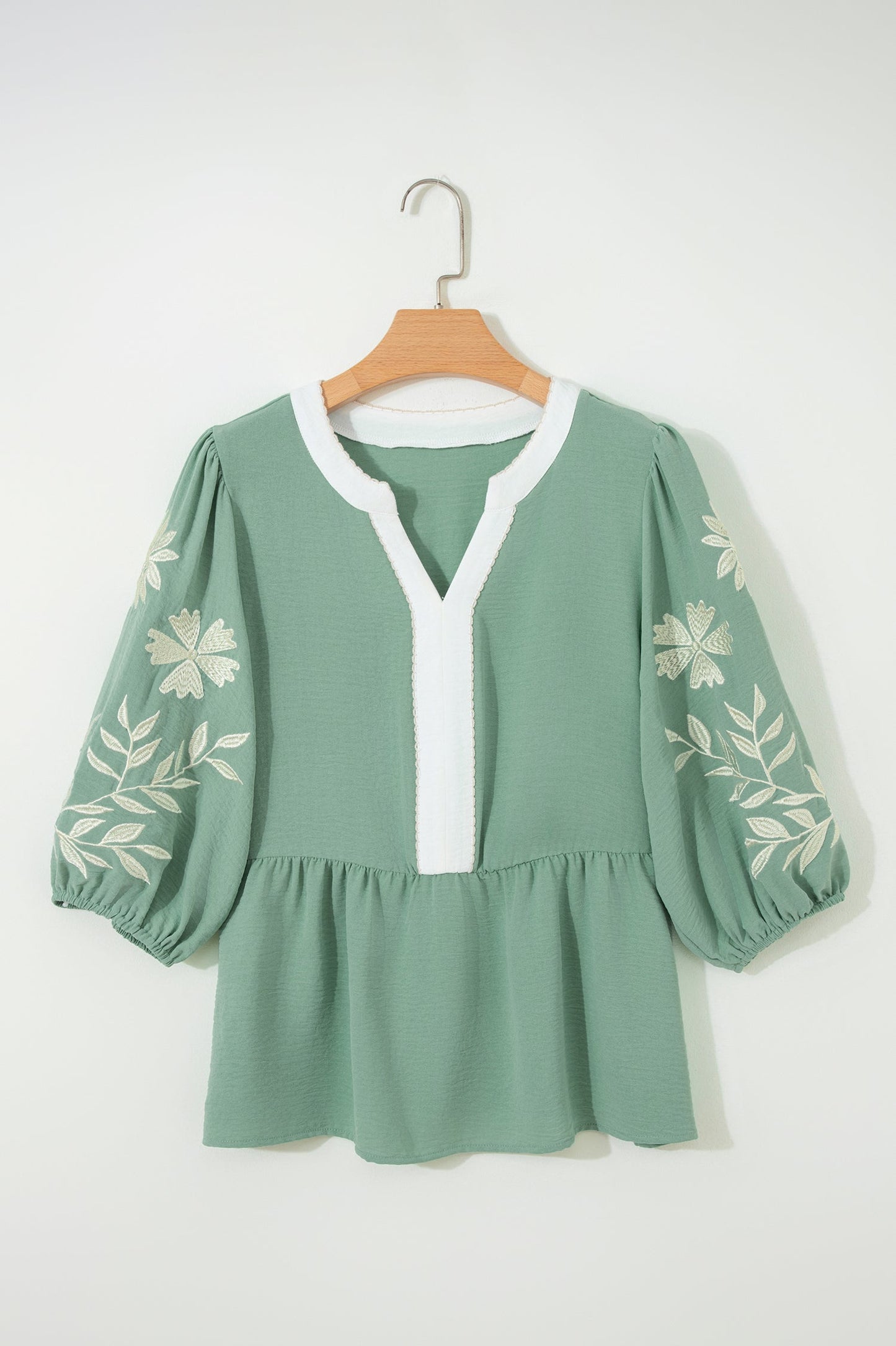 Floral Embroidered Colorblock Puff Sleeve Babydoll Blouse