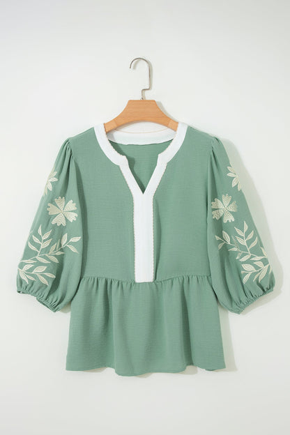 Floral Embroidered Colorblock Puff Sleeve Babydoll Blouse