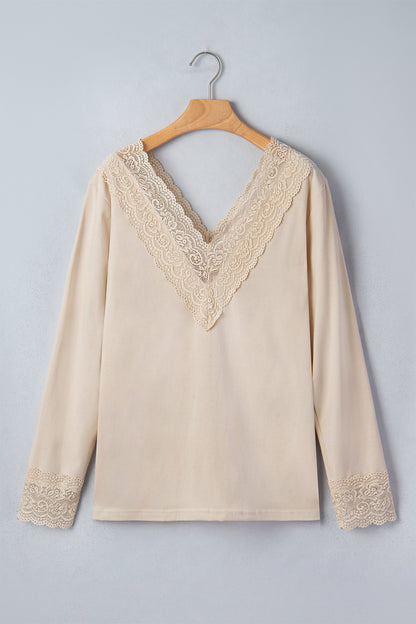 Lace Trim V-Neck Patchwork Long Sleeve Top