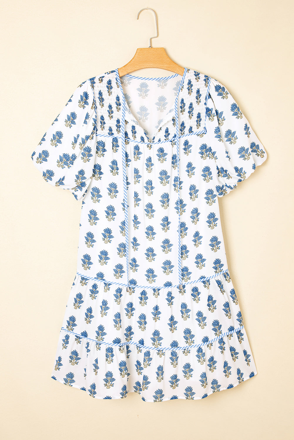Floral Puff Sleeve Tied Neck Pocketed Mini Dress