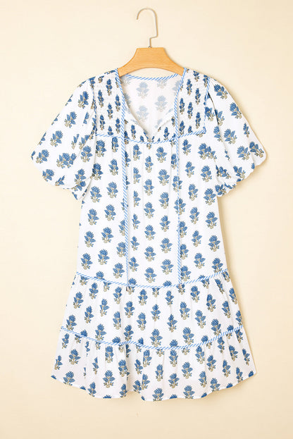 Floral Puff Sleeve Tied Neck Pocketed Mini Dress