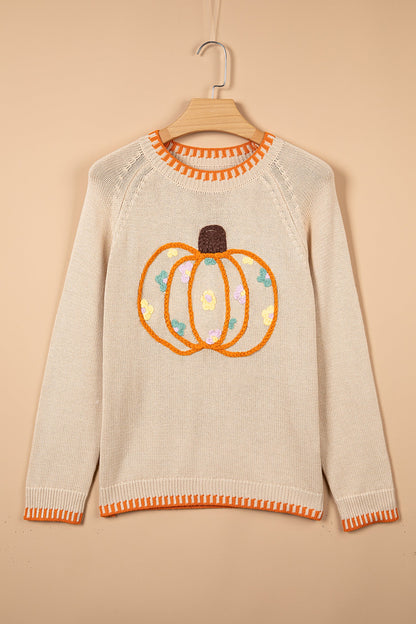 Pumpkin Floral Embroidered Round Neck Sweater