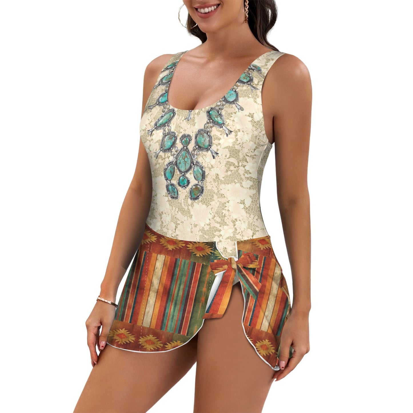 Rustic Serape & Lace Squash Blossom Necklace One Piece Skirted Swimsuit