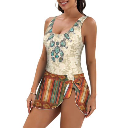 Rustic Serape & Lace Squash Blossom Necklace One Piece Skirted Swimsuit
