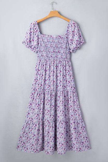 Plus Size Floral Smocked Square Neck Maxi Dress
