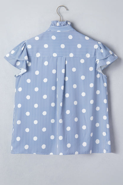 Stripe Contrast Polka Dot Pleated Ruffle Sleeve Shirt