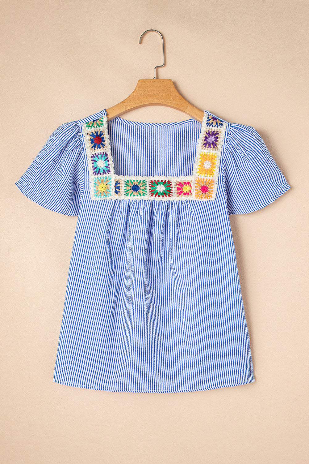 Stripe Crochet Square Neck Textured Ruffle Sleeve Blouse