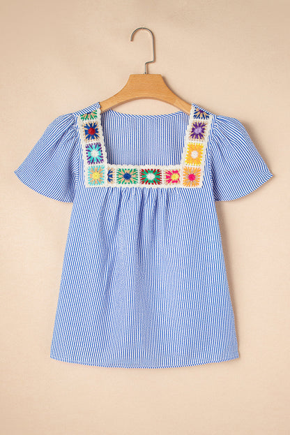 Stripe Crochet Square Neck Textured Ruffle Sleeve Blouse