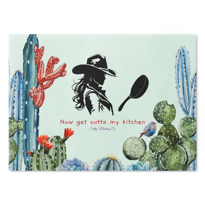 Blue Tone Cactus Border, Cowgirl With Cast Iron Skillet, "Now Get Outta My Kitchen" Glass Cutting Board