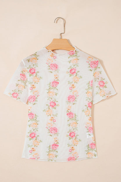 Floral Mesh Mock Neck Short Sleeve Top