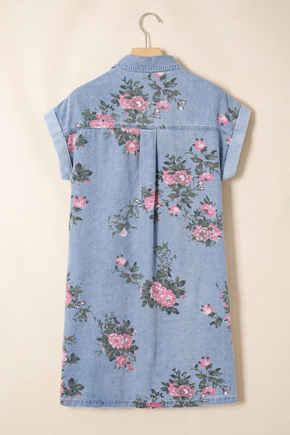 Floral Denim Cuffed Short Sleeve Buttoned Dress