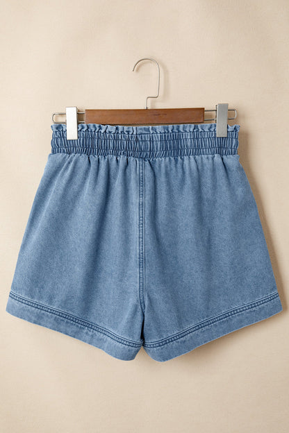 Solid Denim Smocked Elastic Waist Shorts