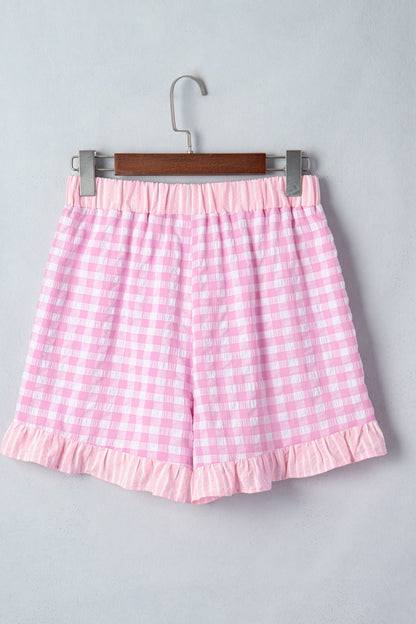 Gingham Ruffle Stripe Patchwork Lace Tie Shorts