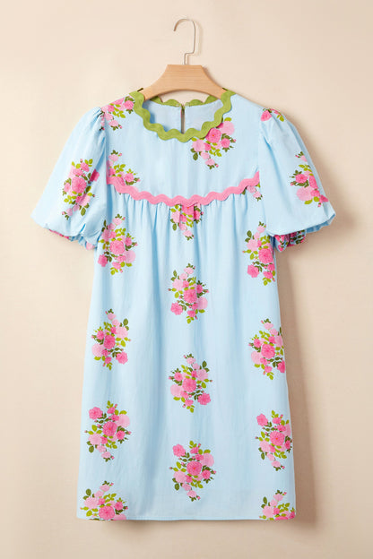 Floral Contrast Ricrac Trim Bubble Sleeve Dress