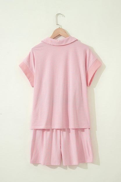 Stripe Dolman Sleeve Polo Shirt & Drawstring Shorts Set