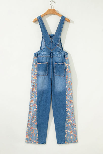 Floral Patchwork Bib Wide Leg Denim Overalls