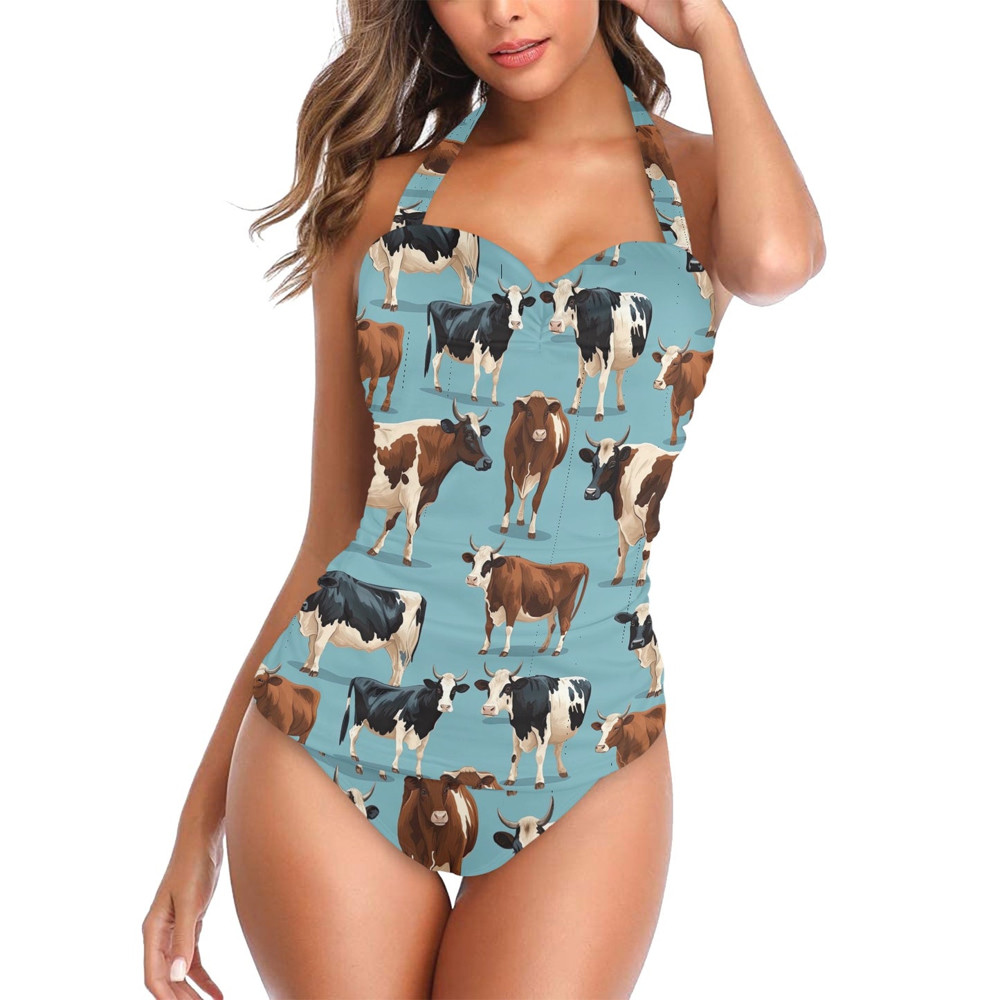 Cows In The Wild Blue Yonder Halter Neck Swimsuit