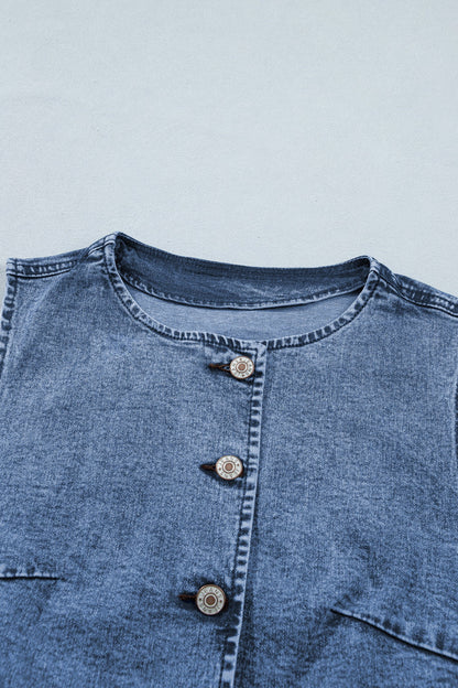Western Denim Button Front Slit Sleeveless Vest