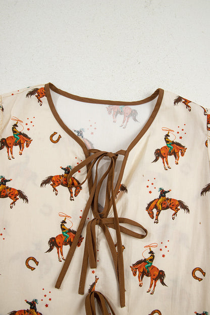Western Cowboy Bow Tie Puff Sleeve Peplum Blouse