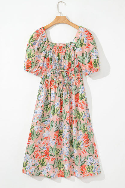 Floral Smocked Bust Bubble Sleeve Maxi Dress