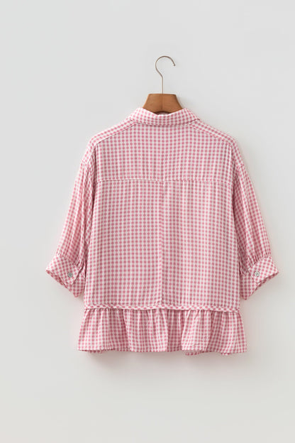 Gingham Plaid 3/4 Sleeve Ruffle Buttoned Shirt