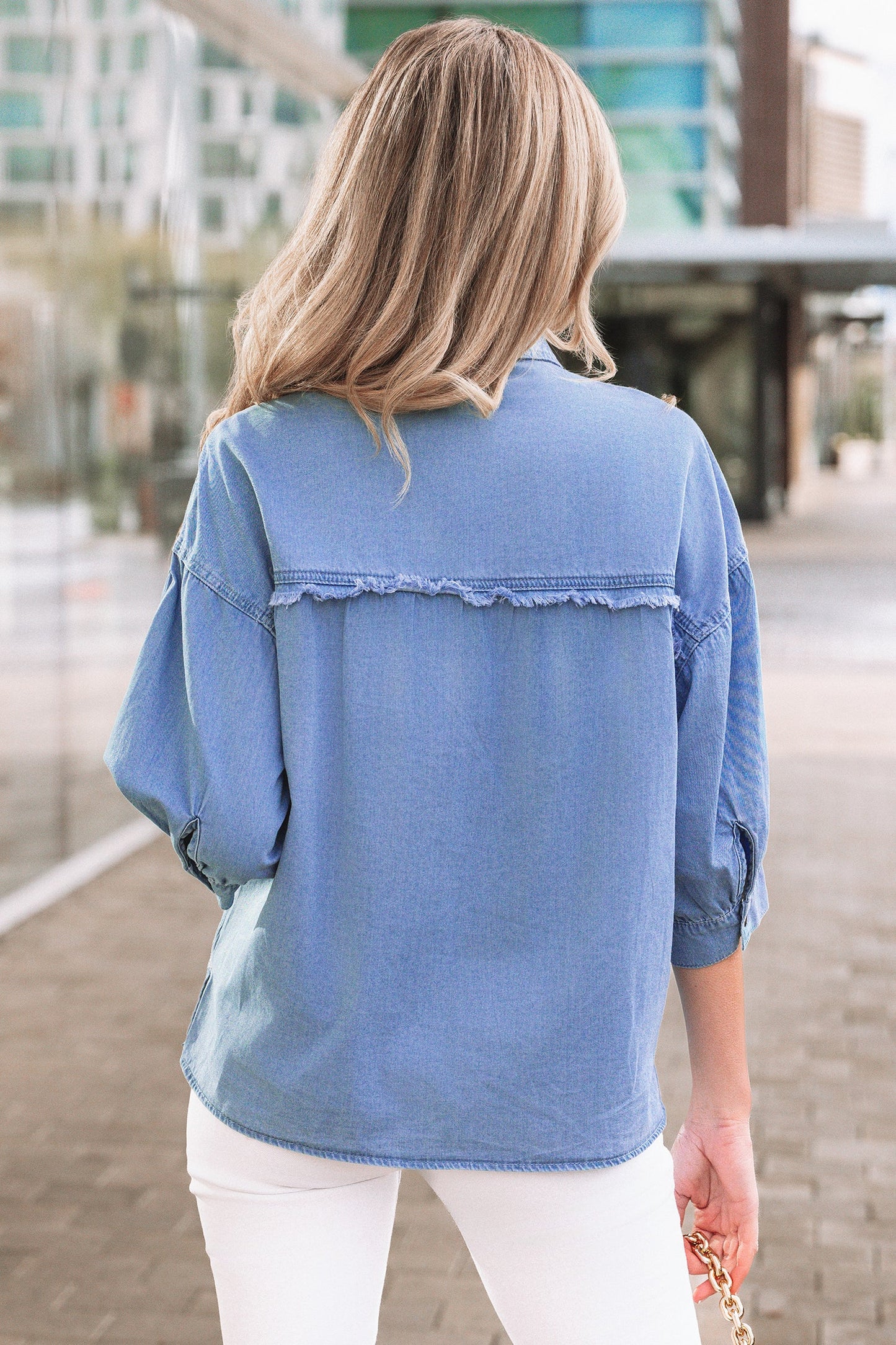 Denim Chambray Drop Shoulder 3/4 Sleeve Shirt