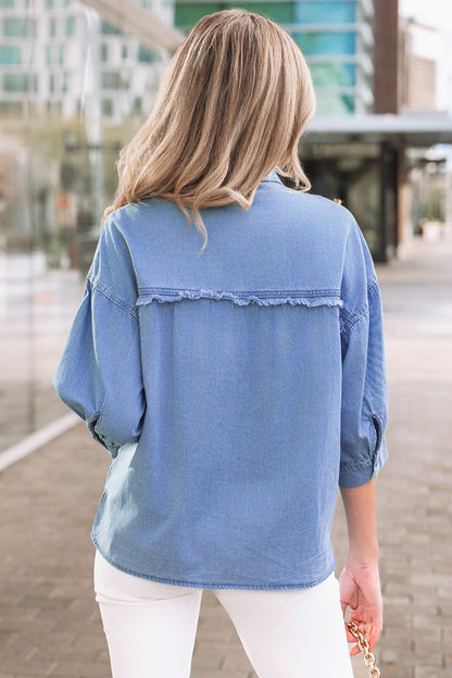 Denim Chambray Drop Shoulder 3/4 Sleeve Shirt