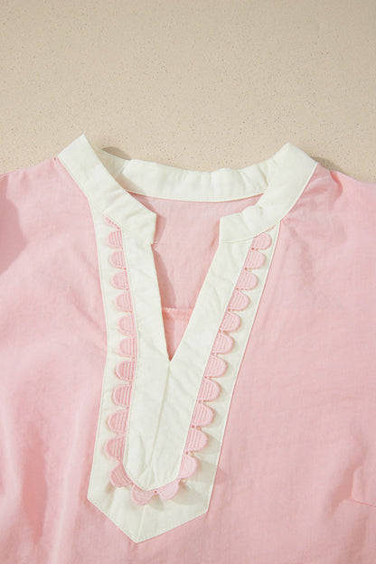 Scallop Trim Colorblock Puff Sleeve Mini Dress