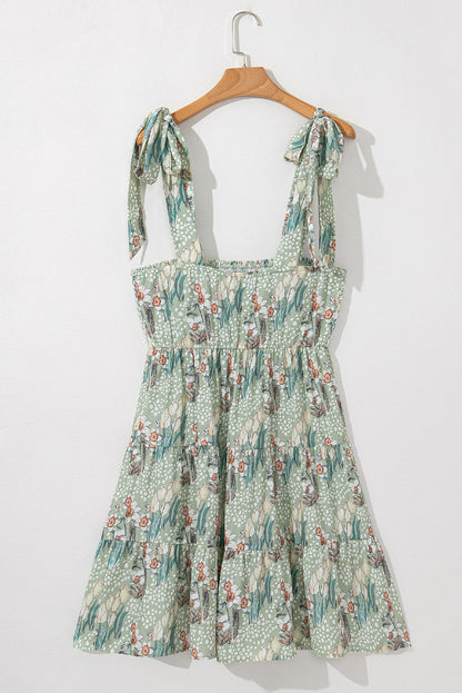 Floral Tie Straps Smocked Ruffle Tiered Dress