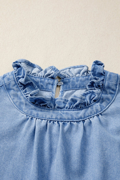 Denim Frilled Collar Flutter Sleeve Top