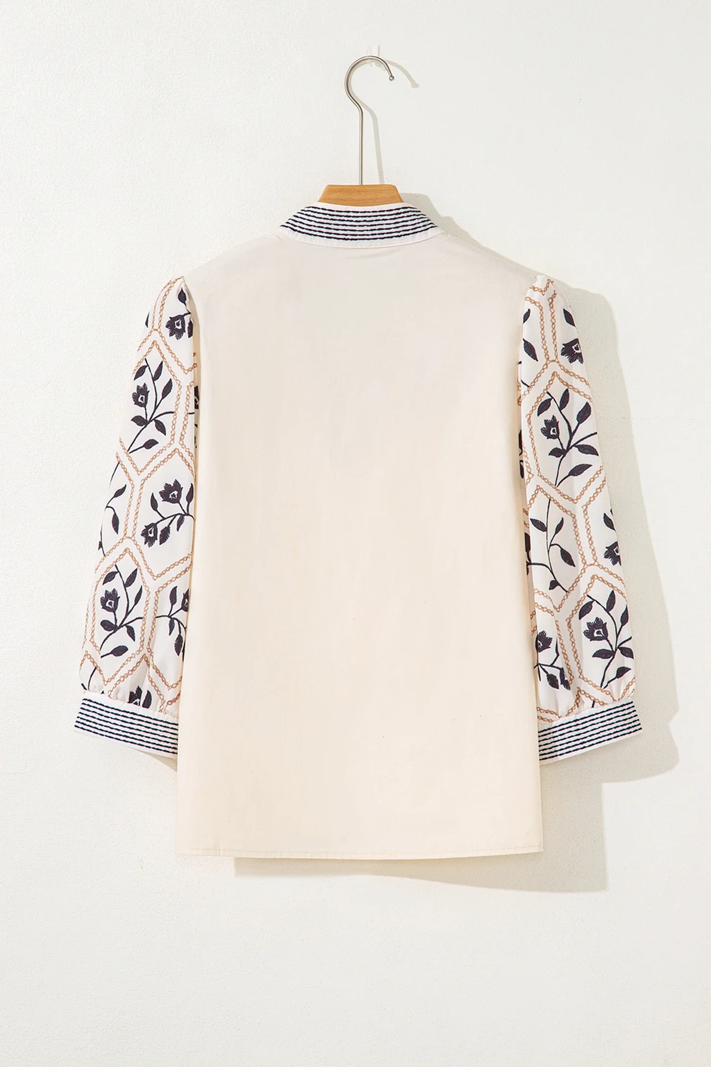 Floral Patchwork Contrast V-Neck Puff Sleeve Blouse