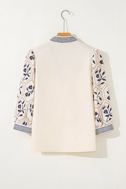 Floral Patchwork Contrast V-Neck Puff Sleeve Blouse