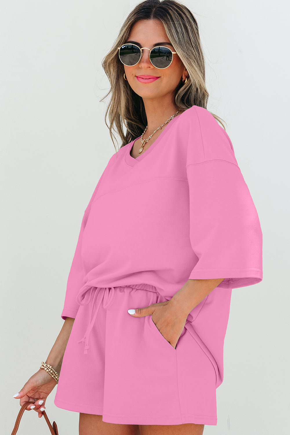 Solid Loose V-Neck Tee & Drawstring Shorts Set