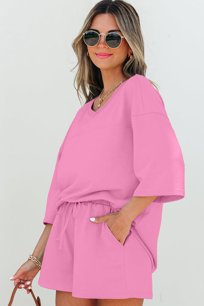 Solid Loose V-Neck Tee & Drawstring Shorts Set
